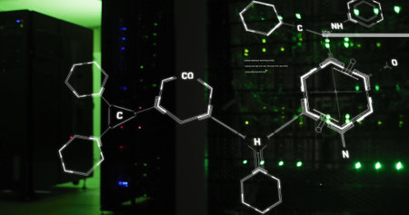 Image of chemical formula and data processing over server room. Global technology, science and digital interface concept digitally generated image.の写真素材
