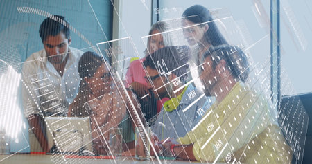 Image of financial data processing over diverse business people working in office. Global business,...