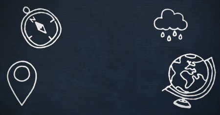 Image of mathematical equations with school icons on blue background. Education and learning concept digitally generated image.の写真素材