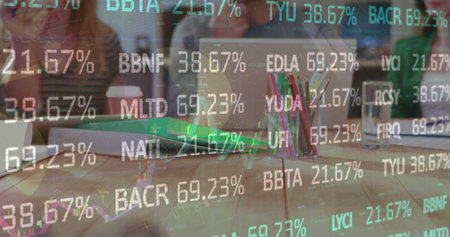 Image of financial data processing over diverse business people having meeting at office. Global...