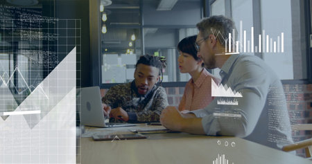 Image of financial data processing over diverse business people working in office. Global business,...