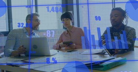 Image of financial data processing over diverse business people working in office. Global business,...