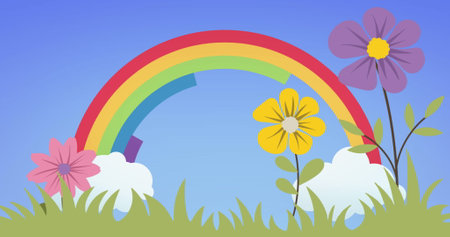 Image of flowers and grass over rainbow on blue background. Spring and nature concept digitally generated image.の写真素材