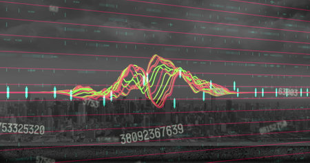 Image of changing numbers floating over data processing against aerial view of cityscape. Computer interface and business data technology conceptの写真素材