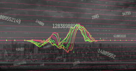 Image of changing numbers floating over data processing against aerial view of cityscape. Computer interface and business data technology conceptの写真素材