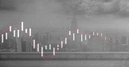 Image of statistical data processing against aerial view of cityscape. Computer interface and business data technology conceptの写真素材