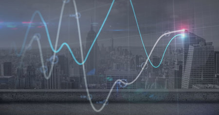 Image of financial data processing over cityscape. Global business, finances, computing and data processing concept digitally generated image.の写真素材