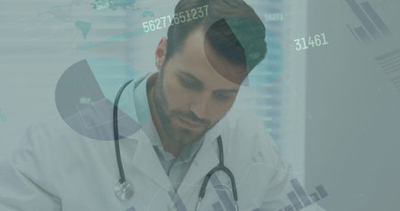 Image of statistics and data processing over caucasian male doctor making notes. medicine and...