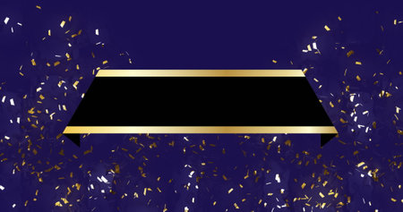 Image of black shape with copy space over confetti on blue background. Party, celebration and digital interface concept digitally generated image.の写真素材