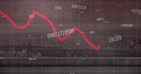Image of financial data processing over cityscape. Global business, finances, computing and data...