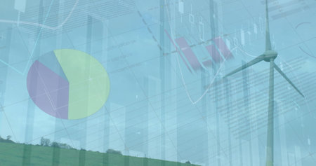 Image of financial data and graphs over landscape with wind turbines, copy space. environment,...