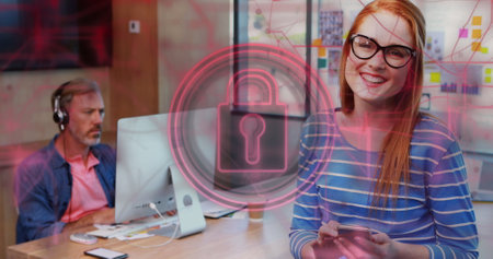 Image of padlock in circles and navigation pattern over caucasian woman using smartphone. Digital composite, multiple exposure, direction, shape, protection, security and technology concept.の写真素材