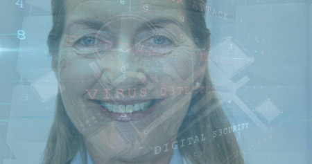Image of data processing over smiling caucasian female doctor. medicine and healthcare services concept digitally generated image.の写真素材