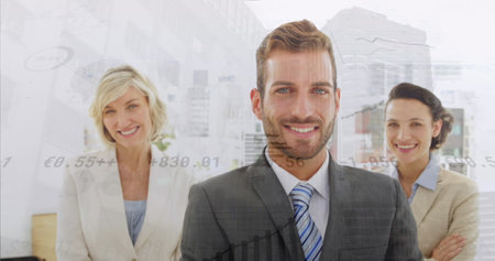 Image of graphs, numbers and loading circles over caucasian entrepreneurs standing arms crossed. Digital composite, multiple exposure, office, report, business, progress and abstract concept.の写真素材