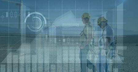 Image of financial data and graphs over diverse engineers and wind turbines, copy space....