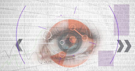 Image of scope scanning and data processing over eye on white background. Global technology, computing and digital interface concept digitally generated image.の写真素材