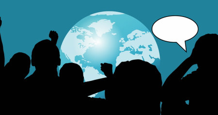 Image of people silhouettes with speech bubbles over globe on blue background. Party, celebration...