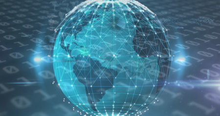 Image of globe of connections and data processing on black background. Global technology, computing and digital interface concept digitally generated image.の写真素材