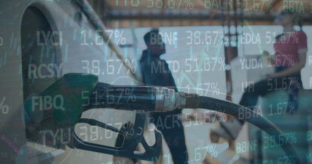 Image of stock market data processing over nozzle pump refueling the car tank at gas station. Global economy and business technology conceptの写真素材