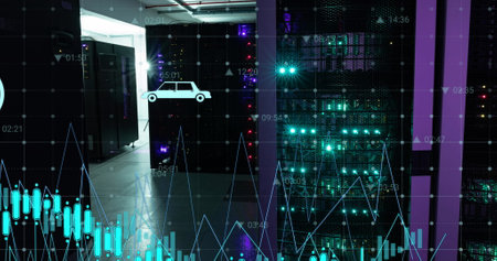 Image of icons and financial data processing over computer servers. Global cloud computing and data...