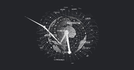 Image of connected dots, numbers and grid pattern around globe over abstract background. Digitally generated, hologram, digits, communication, globalization and technology concept.の写真素材