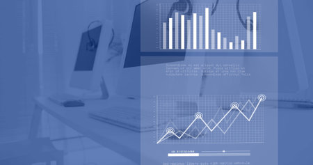 Image of financial data processing over office, copy space. Global business, finances, computing and data processing concept digitally generated imageの写真素材