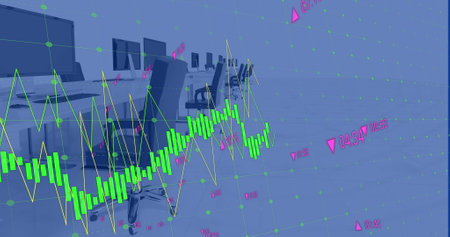 Empty office with computer monitors and stock market graphs overlay. The background shows modern...