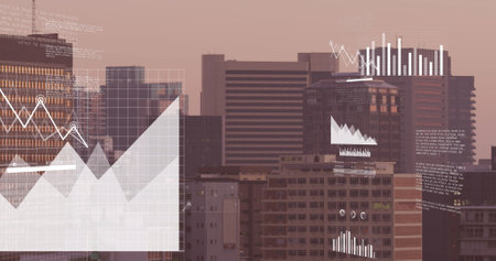 Image of screens with data processing against aerial view of cityscape. Computer interface and business technology conceptの写真素材