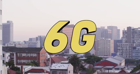 Image of 6g text banner against aerial view of cityscape. Global networking and business technology conceptの写真素材