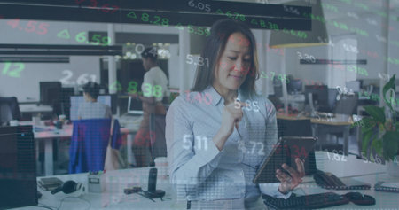 Image of data processing over diverse business people in office. Global business and digital...