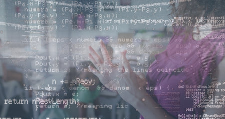 Image of data processing over diverse schoolchildren learning in classroom. Global education and digital interface concept digitally generated image.の写真素材