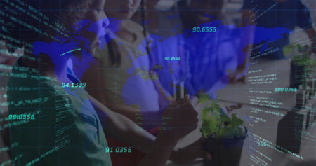 Image of data processing over diverse schoolchildren learning in classroom. Global education and...