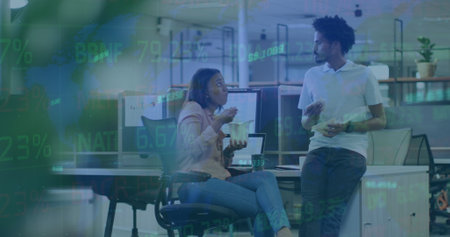Image of data processing over diverse business people in office. Global business and digital...