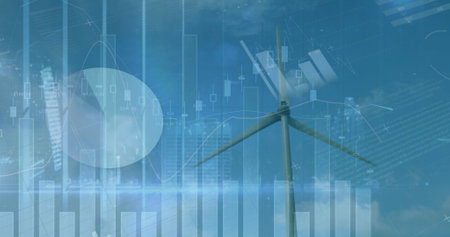 Image of graphs and financial data over wind turbine. finance, economy, renewable resources and energy concept digitally generated image.の写真素材