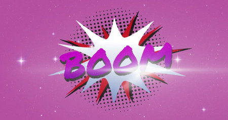 Image of boom text over stars on purple background. light, pattern and movement concept digitally generated image.の写真素材