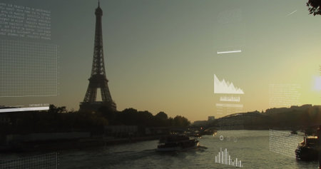 Image of financial data processing over paris cityscape. Global business, finances, computing and...