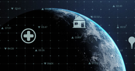 Image of multiple digital icons over grid network against spinning globe in space. Computer...