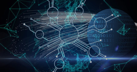 Image of network of connections and binary coding processing on globe. global networks of...