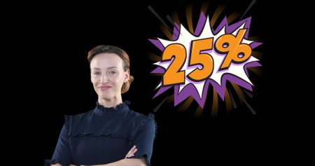 Image of happy caucasian woman pointing towards 25 number with percentile on black background....