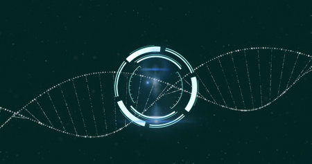 Image of round scanner over spinning dna structure against black background. Medical research and...