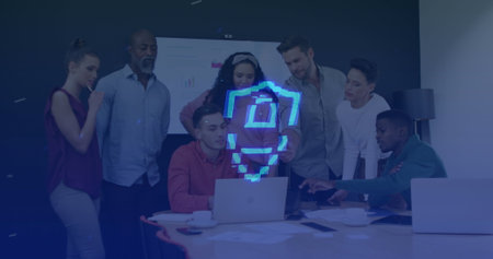 Image of security padlock and data processing over diverse business people in office. Global cyber security, business, finances, computing and data processing concept digitally generated image.の写真素材