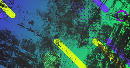 Image of black color splash over geometric shapes against blue background. Digitally generated,...