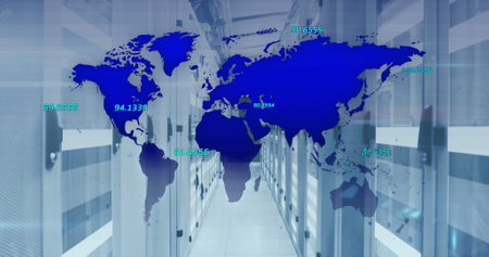 Image of network of connections over world map against computer server room. Global networking and...