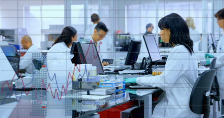 Image of scientific data processing over diverse scientists in laboratory. Global science, research,...