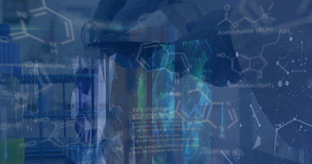 Image of chemical formula and data processing over caucasian scientist holding beaker in lab. Global...