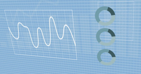 Graphical data visualization with line graph and pie charts. Grid pattern background with numerical...