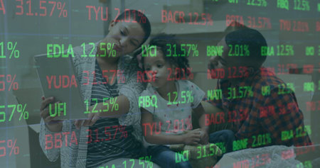 Image of trading board over diverse couple with girl taking selfie using digital tablet. Digital composite, multiple exposure, business, love, togetherness, stock market and technology concept.の写真素材