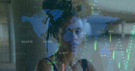 Image of graphs, numbers and map over biracial female runner standing arms crossed. Digital composite, multiple exposure, report, business, digits, global and fitness concept.の写真素材