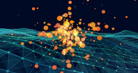 Image of orange spots of light over network of connections. Global connections, computing and data...