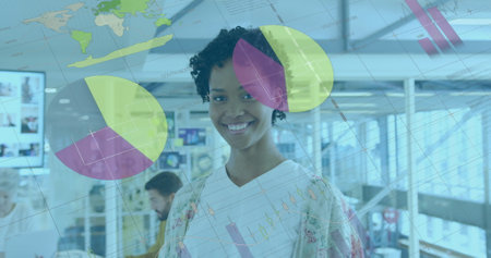 Image of statistical data processing over portrait of african american woman smiling at office....